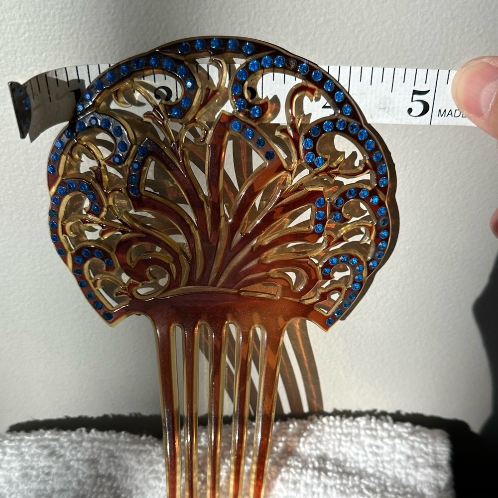 Antique Tortoise Shell Blue Rhinestone Hair Combs - Picture 7 of 13